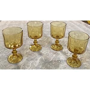 Set Of 4 Vintage Hazel Atlas El Dorado Amber Gold Wine Glass Goblets Thumbprint